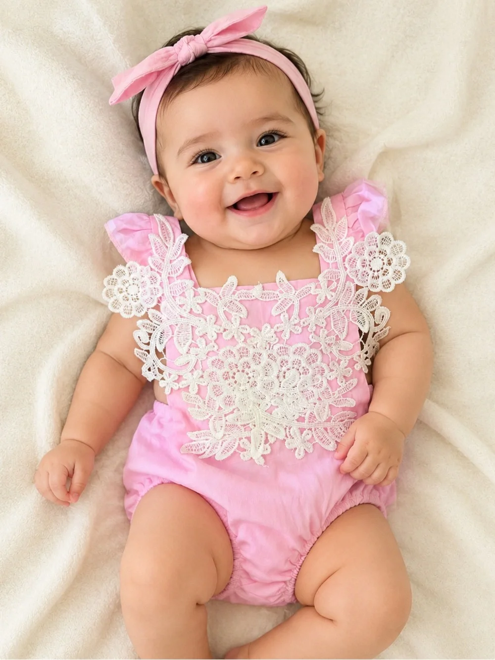 Pink Lace Baby Romper with Headband